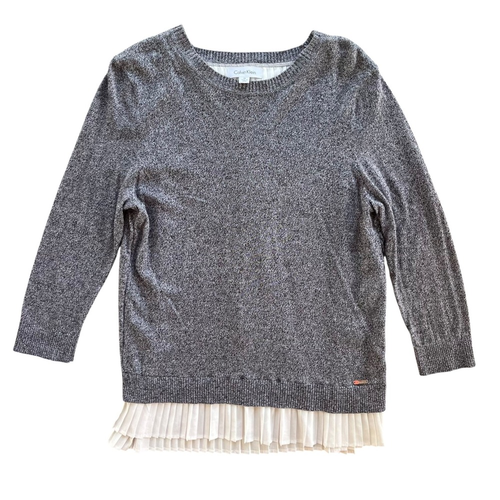 Calvin Klein Womens M Gray Knit Sweater Pleated Lined Hem Pullover Casual Preppy